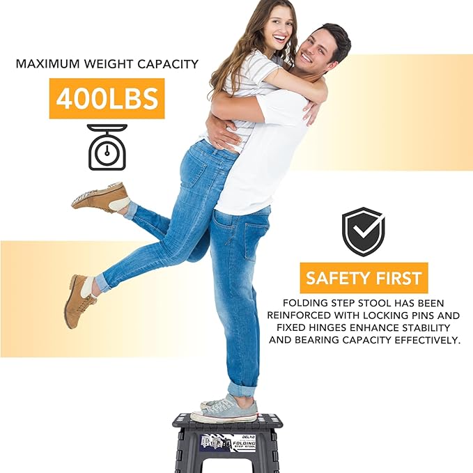 Delxo 16 Inch Folding Step Stool,Foldable Stool for Adults with Safety Lock,Portable Collapsible Plastic Stepstool,Non Slip Folding Stools for Kitchen Bathroom Bedroom Up to 400LBS,(Dark Grey 1PC)