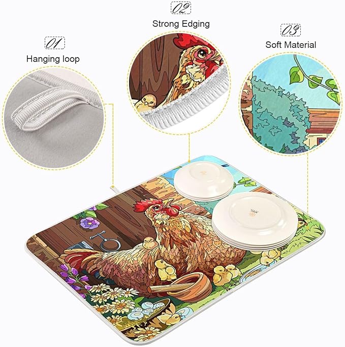 Absorbent Dish Drying Mat for Kitchen Counter - Rooster Birdie Chick Microfiber Drying Pad, Reversible Drainer Mats for Countertop, Small 16" x 18"