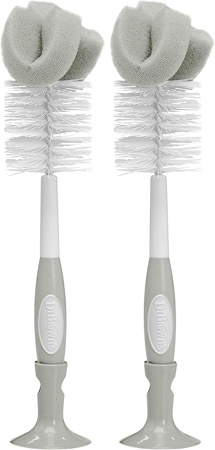 Dr. Brown's Reusable Sponge Baby Bottle Cleaning Brush with Suction Cup Stand, Scrubber and Nipple Cleaner, BPA-Free, Gray, 2-Pack