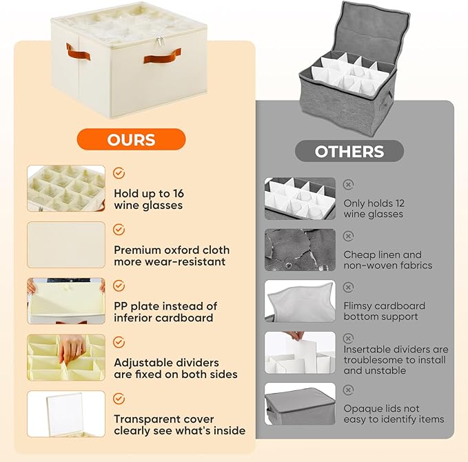 Foyego Wine Glass Storage Box with Dividers, 2 Pack Glassware Storage Containers, Stemware Storage Cases Holds 32 Wine Glasses, Stackable Crystal Storage Containers with Clear Cover for Moving，Beige