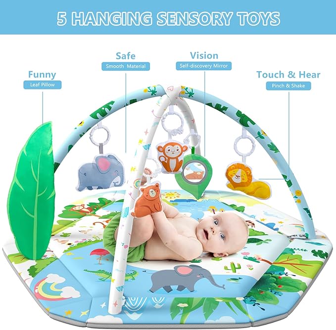 ZFDEBY Baby Gym Play Mat, 8-in-1 Tummy Time Mat & Activity Gym Mat Ball Pit with Detachable Toys, Washable Infant Play Mat for Visual, Hearing, Sensory, Motor Development, Newborn Baby Toys Gift for Toddler 0-3-6-9-12 Months Easy to Install