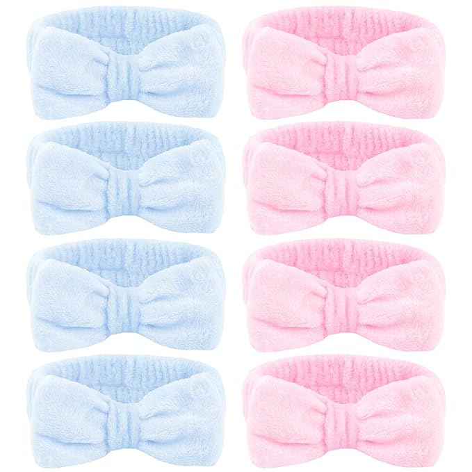 Ondder Spa Headbands for Women, Bow Makeup Skincare Headbands for Washing Face, Pink and Blue, Soft Coral Fleece, 8 Pack