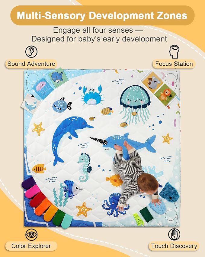Premium Foam Baby Play Mat 50x50, 4 Developmental Zones Play Mat with Removable & Machine Washable Cover, Extra Thick Padding Playpen Mat, Easy to Clean for Infants, Toddlers & Babies