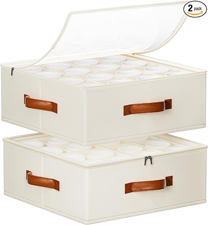 Foyego 2 Pack Coffee Mug Storage Box with Dividers, Stackable China Storage Containers with Lid, Zipper, and Handles for 32 Coffee Mugs and Cups, Mug Storage Organizer for Packing & Moving, Beige