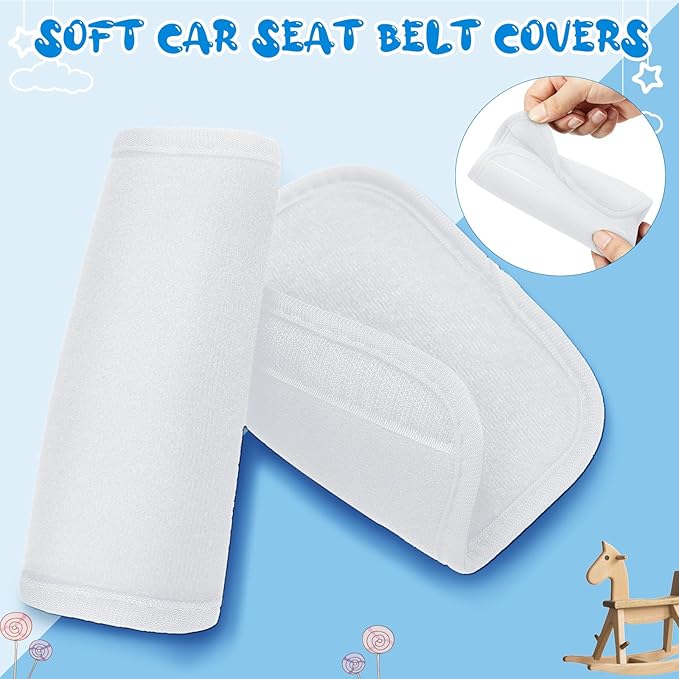 Riakrum 4 Pcs Baby Car Seat Belt Covers Soft Car Seat Straps Shoulder Pads for Kid Infant Stroller Strap Covers Safety Belt Cushion Pads for Boy and Girl(White,5.7 x 2.6 Inch)