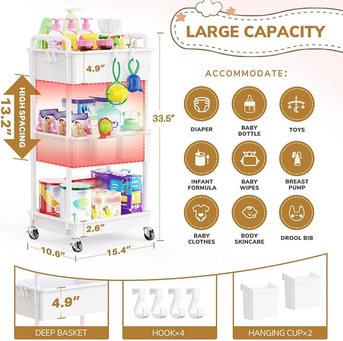 Goovilla Diaper Cart with Lockable Wheels and Easy Assembly, 3 Tier White Rolling Cart for Baby Nursery Storage, Sturdy Ample Diaper Caddy Organizer for Baby Girl, Boy, New Mom, Newborn Essentials