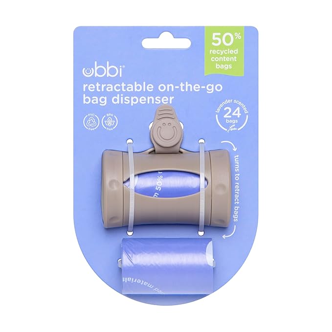 Ubbi Retractable On-the-Go Bag Dispenser for Baby Travel,Diaper Bag Accessory Must Have for Newborns,Helpful Baby Accessory,Taupe,(Pack of 12)