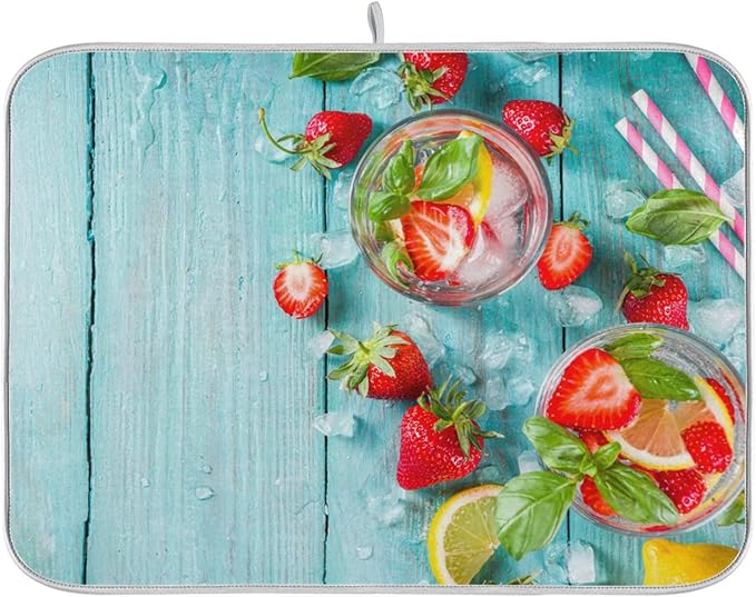 Absorbent Dish Drying Mat for Kitchen Counter - Strawberry Blue Wooden Microfiber Drying Pad, Reversible Drainer Mats for Countertop, Small 16" x 18"