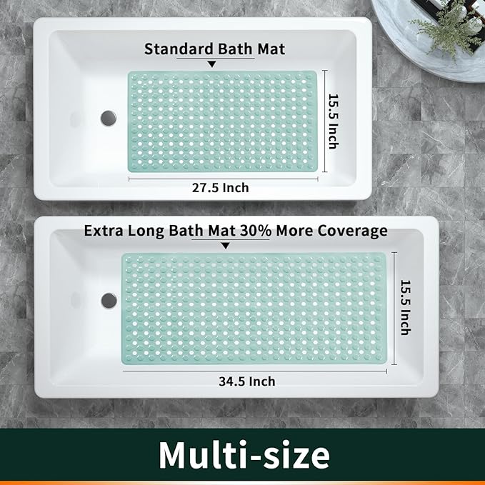 Yimobra Bath Tub Mat Non Slip, 34.5"x15.5" Long Shower Mat, Machine Washable Bathmat with Drain Holes and Suction Cups, Soft on Feet, Bathroom Essentials, Light Green