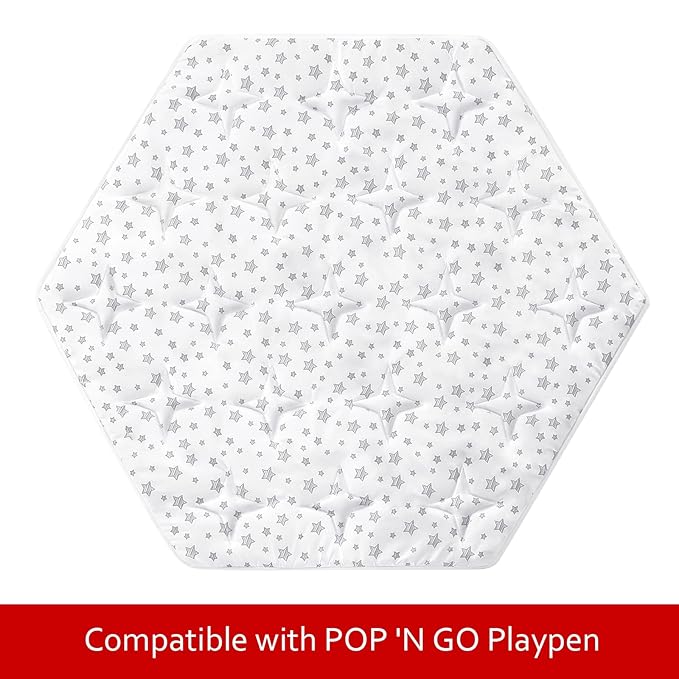 Hexagon Playpen Mat Compatible with POP 'N GO Baby Playpen, 59 Inch Hexagon Playpen Mattress Pad, Non Slip and Padded Play Mat White with Star Print
