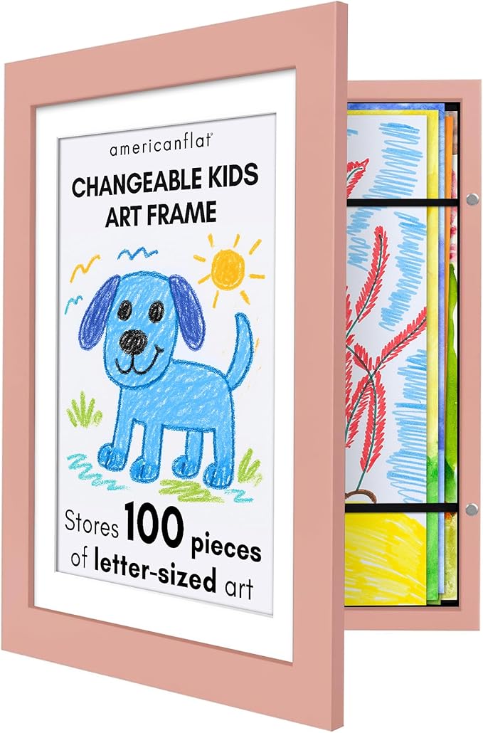 Americanflat Kids Artwork Frame Changeable (Peachy Pink) - Magnetic Door Holds 100 Art Pieces - 8.5x11 Letter Size Display with Mat or 10x12.5 Without Mat - My Mini Masterpiece