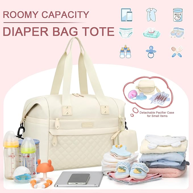 Pritent Diaper Tote, Baby Bags with Pacifier Case, Shoulder Straps, Stroller Clips, Waterproof Mommy Bag - Medium, White
