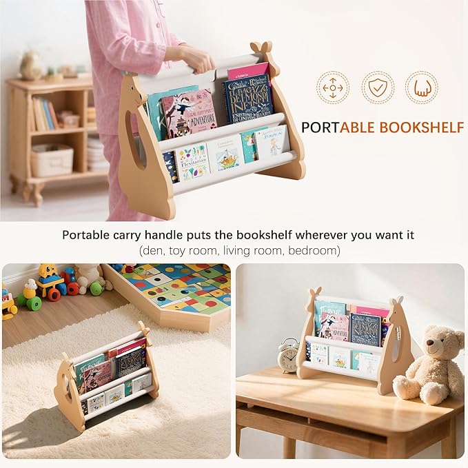 Lullulii Double Sided Kids Bookshelf – 2 Tier Portable Toddler Bookshelf, Book Shelf for Kids Rooms & Playroom, Cute Kangaroo Design Wooden Montessori Baby Bookshelf,Toddler Book Display Shelves,Brown