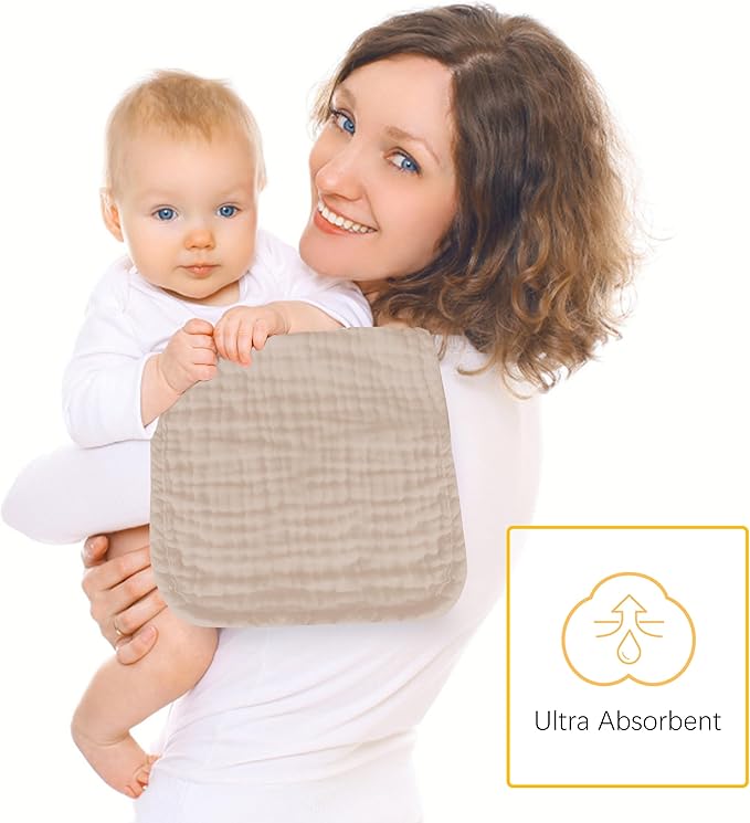 Lovely Care 12 Pack Muslin Burp Cloths 100% Cotton Muslin Cloths Large 20''x10'' Extra Soft and Absorbent Baby Burping Cloth - Brown