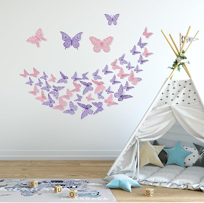 3D Gold Butterfly Wall Decor 3 Sizes 4 Styles Butterfly Party Decorations Cake Decorations Removable Stickers Wall Decor Room Mural Metallic Kids (Purple+Pink, 96Pcs)