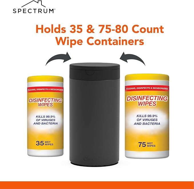 Spectrum Disinfecting Wipes Container Large Black Refillable Stainless Steel Wipe Holder for Bathroom Kitchen Classroom, Reuseable Push Button Wet Wipe Dispenser for Disinfect Cleaning Countertop