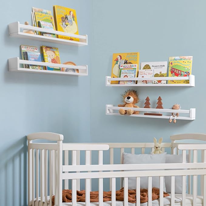 Fun Memories Nursery Book Shelves - Rustic Natural Solid Wood Floating Bookshelf for Kids - Wall Book Shelves for Kids Room (White, 32inch - 2P)