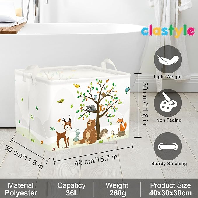 Clastyle Woodland Animals Bear Fox Raccoon Tree Baby Gift Storage Basket Large Deer Owl Collapsible Rectangular Shelf Basket Cute Clothes Towel Toy Book Storage Bin for Nursery