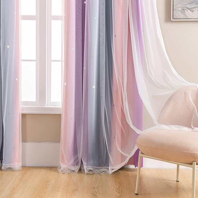 XiDi Curtains for Bedroom Decor, Rainbow GreyPinkPu-34-96