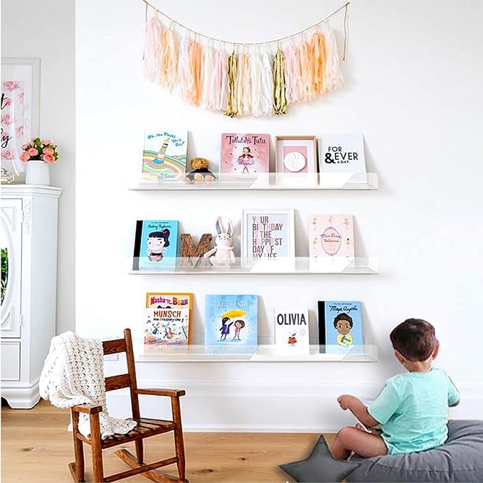 RORKIM 36 Inch 50% Thicker Clear Acrylic Book Shelves, Invisible Kids Wall Bookshelves for Baby Storage Book Rack, Toy Organizer, Book Display, Playroom, Bedroom, Toddler Room, Nursery 2 Packs
