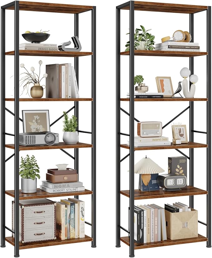 Furologee 6 Tier Book Shelf Set of 2, Tall Wide Bookshelf, Industrial Open Bookcase, Display Shelves Storage Organizer, Shelving Unit for Living Room, Home Office, Bedroom, Rustic Brown