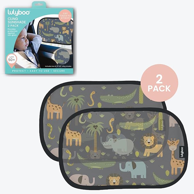 Lulyboo 2-Pack Car Window Shades for Baby - Oval Cling Sun Shades with UV Protection, Black Animal Pattern, Reusable, No Adhesives, Easy to Install, Sun Glare Blocker & Privacy Privacy