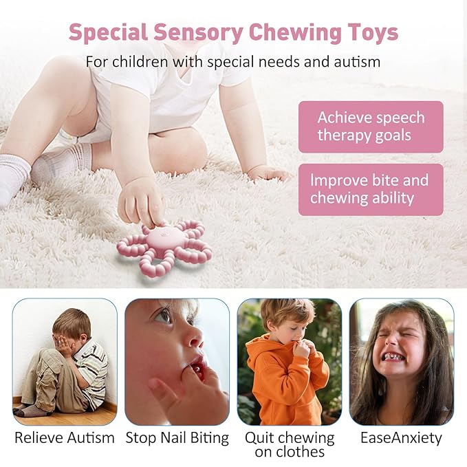 Vibrating Teether for Baby, Silicone Sensory Chew Toys for Autistic Children & Teething Toy for Babies 6-12 8-18 Month, USB Chargeable &3X Vibration Travel Essential Gift for Kid with Autism Toddler