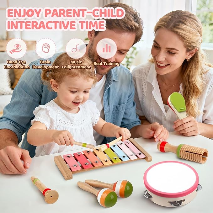 Baby Musical Instruments - Montessori Wooden Musical Toys for Toddlers 1-3, Xylophone Maracas Tambourine Percussion Set, Kids Preschool Music Learning Toys, Educational Birthday Gifts (Rainbow)