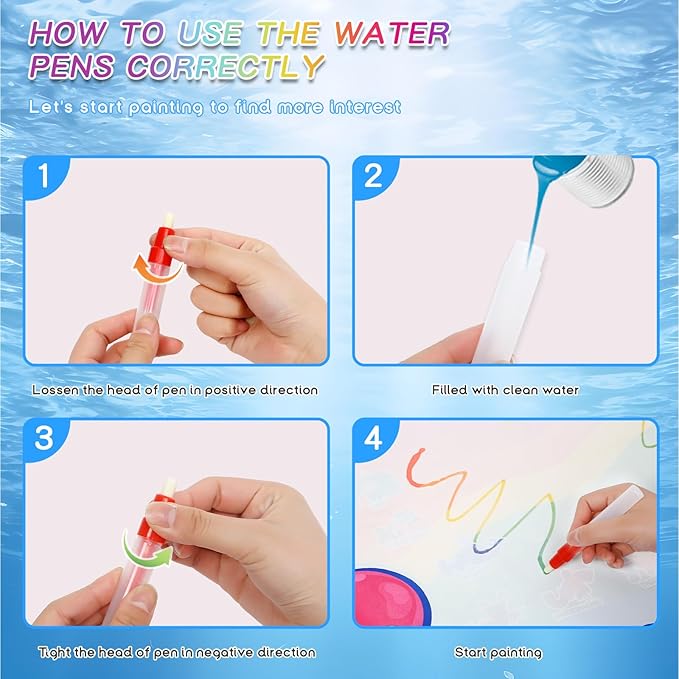 Aqua Doodle Pad Neon，Water Doodle Mat with Bag, Water Drawing for Travel, Magic Coloring Painting Writing Mat for Toddlers & Kids 3 4 5 6 7