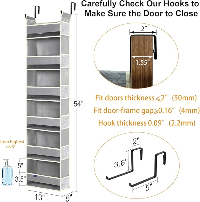 roomtalk Over The Door Organizer 6-Shelves and 12 Side Pockets, Over The Door Storage for Bathroom Bedroom Nursery, Hanging Door Organizers for Baby Diapers and Kids Toys (13"x5"x54", Grey)