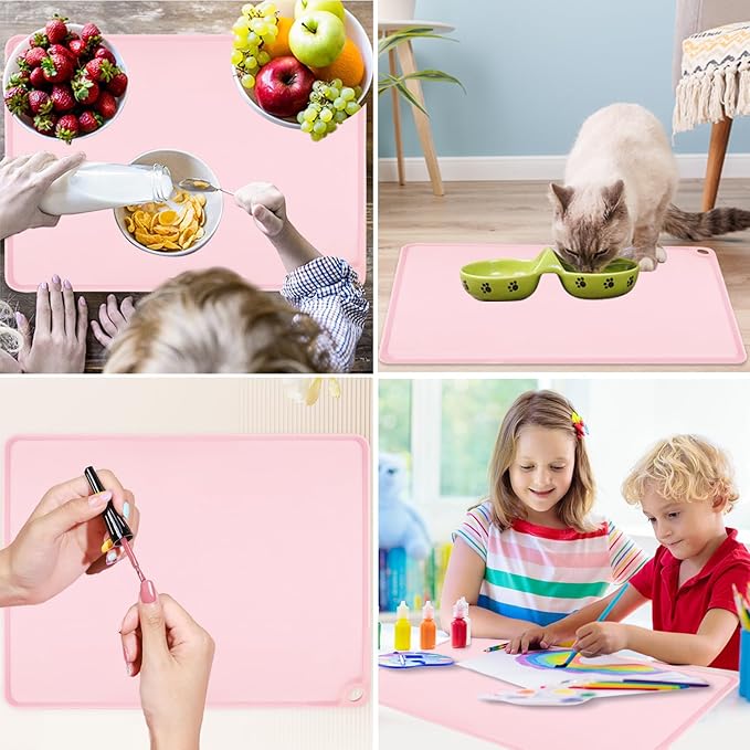 Pink Toddler Placemat-Non Slip Placemat for Girl Baby, Portable Food Mat Reusable Placemats for Travel and High Chairs Silicone Table Mat with Raised Edges-Easy to Clean(1Pack 19.7" x 15.7")