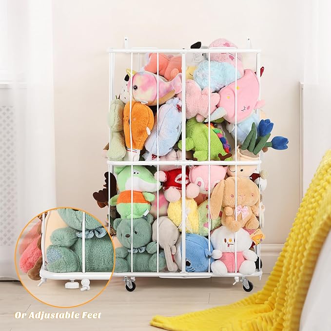 Stuffed Animal Storage Plush Toy Organizer Rolling Stuffed Animal Holder with Wheels Large Stuffed Animal Storage Zoo, Elastic Band for Playroom Bedroom Nursery, Large Capacity, White