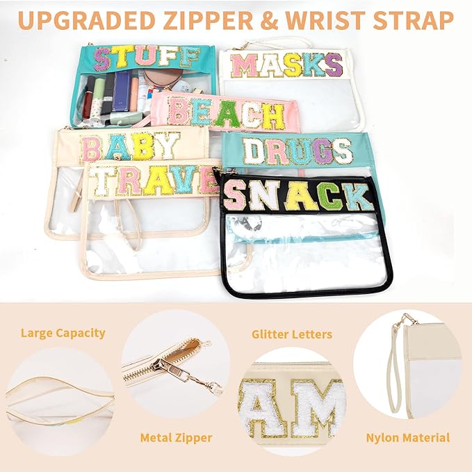 Iqimott Chenille Clear Letter Mama Bag Flat Pouch, Monogram Glitter Letter Patch Makeup Cosmetic Bag Zipper Toiletry Pouch, Portable Travel Beach Snack Wristlet Bags for Women Girls(Mama, Beige)