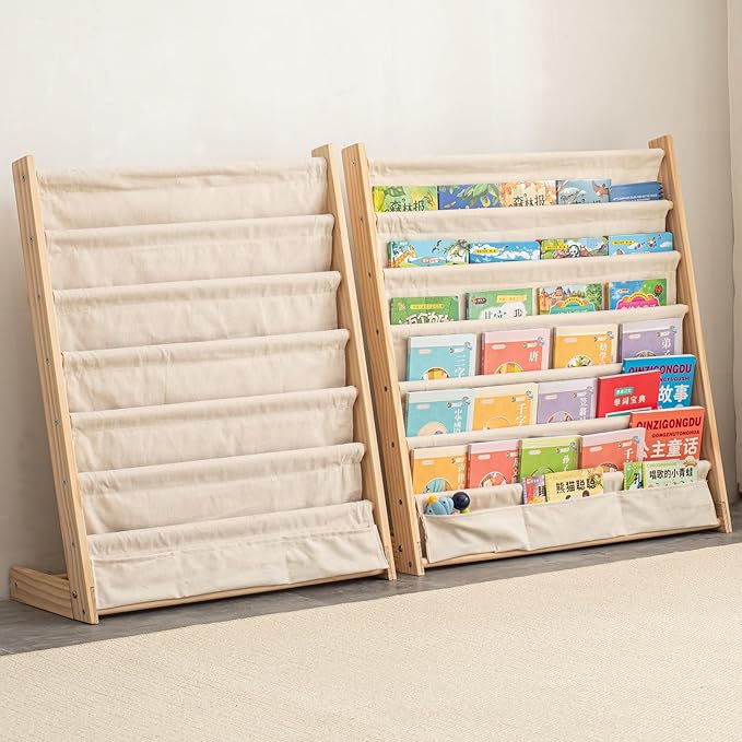 CYMFBSFBU 7 Tier Wooden Kids Bookshelf Book Holder Natural Wood Book Rack Storage Bookshelf for Kids Room Study Room Play Room Toy Storage Organizer (W: 24.6")