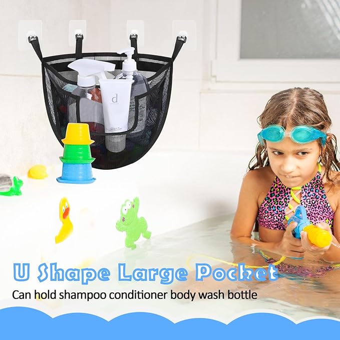 Bath Toy Storage, Corner Bath Tub Toy Storage Holder with Bottom Zipper, Quick Release Bath Toy Organizer with Large Pocket, Mesh Shower Toy Holder Basket Net Bin for Bathtub Toys - Black