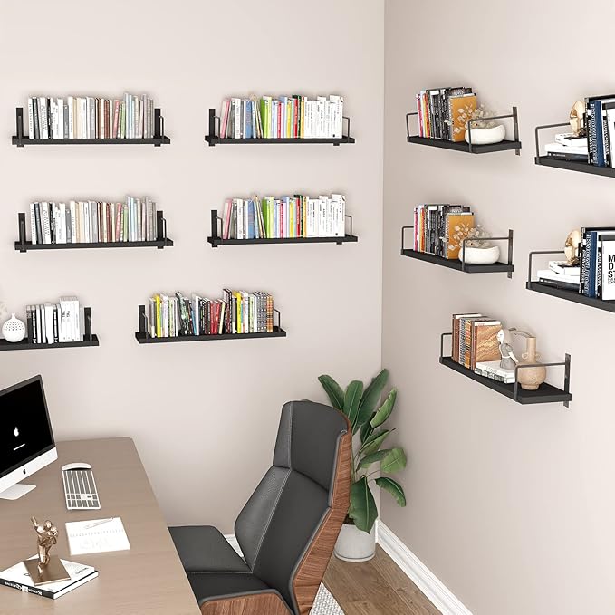 Floating Shelves - 24 Inch Wall Mounted Set of 3, Rustic Wood Storage Shelves for Living Room (Black)