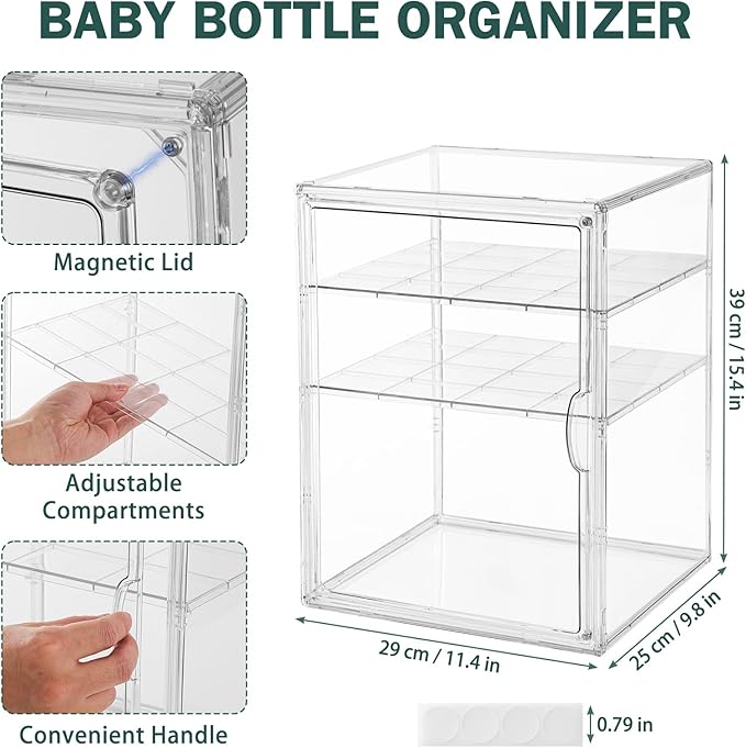 Baby Bottle Organizer, 3 Tiers Acrylic Bottle Storage Organizer Container, Clear Plastic Bottle Station Organizer with 2 Adjustable Dividers for Kitchen Countertop, Bathroom, Cabinet, Vanity