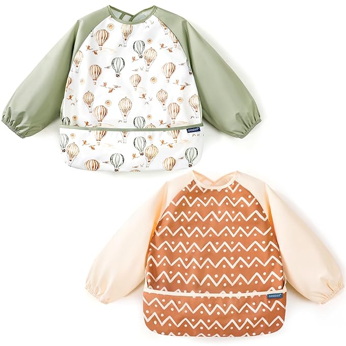 GRSSDER 2 Pack Long Sleeve Baby Feeding Bibs, Super Soft Lightweight Waterproof Coverall Baby Led Weaning Bib with Large Food Catcher Pocket, Adjustable and Easy Clean for 6-30 Months