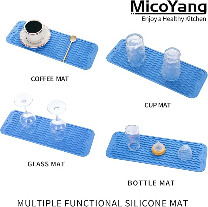 MicoYang Silicone Dish Drying Mat for Multiple Usage,Easy clean,Eco-friendly,Heat-resistant Silicone Mat for Kitchen Counter,Sink,Bar,Bottle,or Cup Lichen Blue M 17 inches x 6 inches