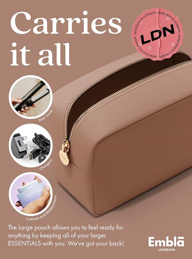 Embla Large Makeup Bag and Waterproof Nylon Travel Toiletry Bag, Large Capacity Cosmetic Zipper Pouch, Brown