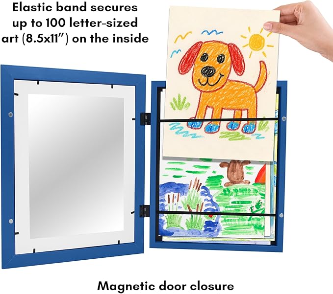 Americanflat Kids Artwork Frame Changeable (Sapphire Blue) - Magnetic Door Holds 100 Art Pieces - 8.5x11 Letter Size Display with Mat or 10x12.5 Without Mat - My Mini Masterpiece