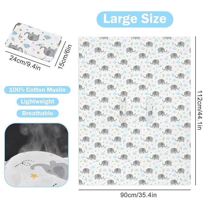 Baby Car Seat Cover - 100% Muslin Cotton Universal Breathable Canopies for Boys and Girls Soft Spring Summer Car Seat Cover Lightweight Infant Car Seat Canopy - Gray Elephants