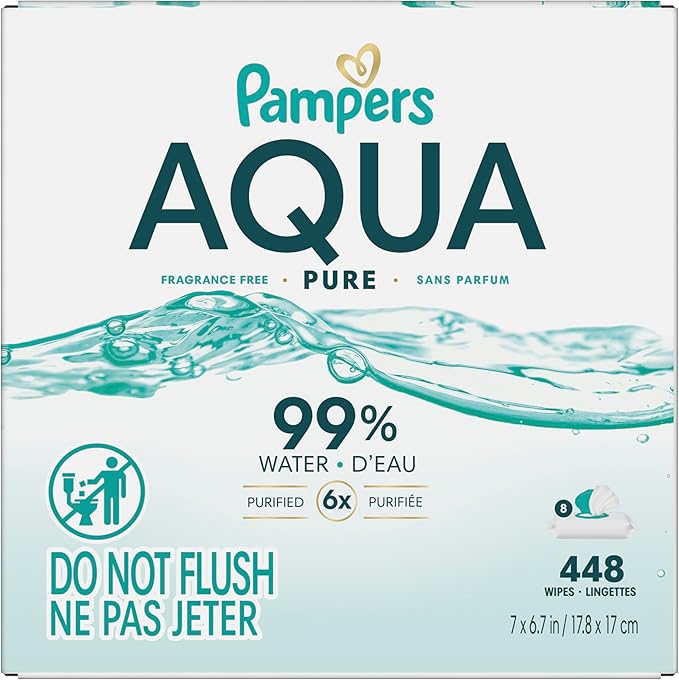 Pampers Aqua Pure Baby Wipes, 99% Water, Fragrance Free, Unscented, Water Based, Multi-Use, 448 Wipes Total (8X Flip-Top Packs) [Packaging May Vary]