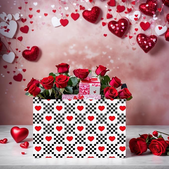 ASKETAM Valentine's Day Basket for Gifts Empty Cute Heart Large Gift Basket Decorative Storage Bin for Kid and Baby Room Décor (Black and White Checkered Heart)