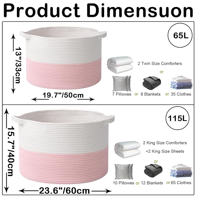 Large Storage Basket with Handle,19.7" L x 19.7" W x 13" H Blanket Basket Storage Bins for Organizing,65L Cotton Rope Woven Baskets for Living Room, Nursery,Bedroom,White&Pink