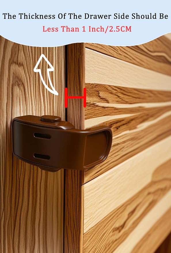 Maveek Baby Proofing Drawer Locks 4 Pack, Corner Safety Latches for Cabinets, Dressers, Kitchen & Bathroom Drawers, Childproof for Infants 0-12 Months, Fits Thin Edge Furniture (Brown)