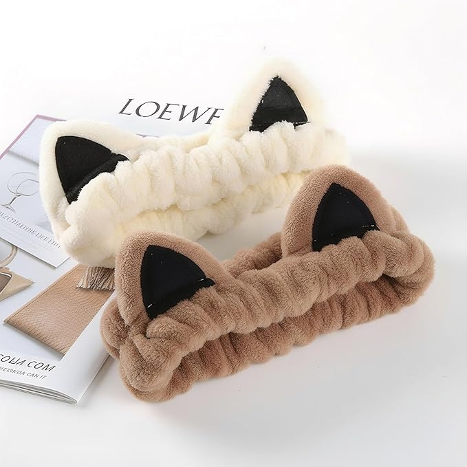 Cat Ears Headband, Cute Spa Headband and Wristband Set Washing Face Skincare Makeup Headbands for Women Girls Trendy Stuff Present Soft Coral Fleece Hair Accessories(1Beige+2Khaki)