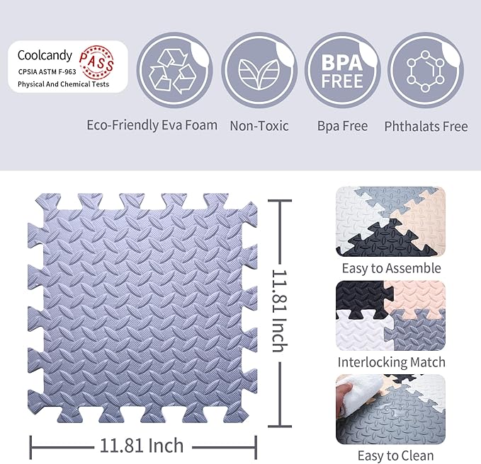 Coolcandy Baby Foam Play Mat 16Pcs with Edge Strips, 4 Colors Interlocking Floor Tiles, 0.4″ Thickened Non-Slip Puzzle Floor Mat for Infants Toddlers Playroom & Daycare