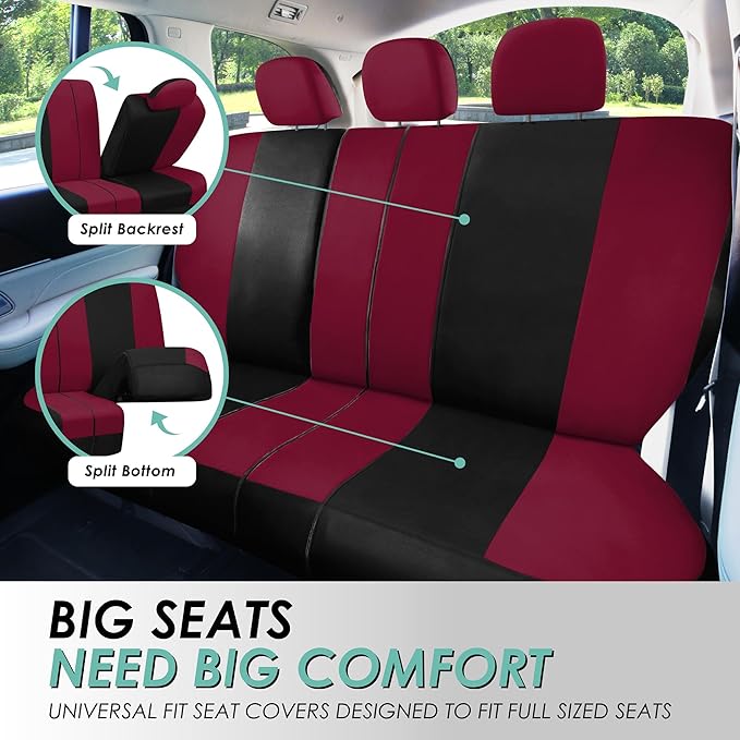 FH Group Car Seat Covers Full Set Cloth,Universal Fit combo,Washable Automotive Seat Covers,Low Back Front Seat Covers,Airbag Compatible,Split Bench Rear Seat for SUV,Sedan,Van Burgundy