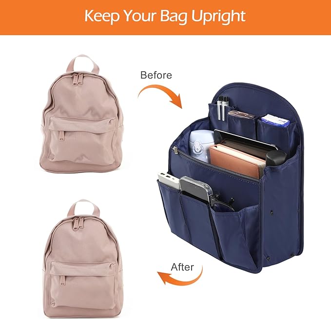 Surblue Backpack Organizer Insert Liner Hanging Travel Rucksack Purse and Handbag Insert Pocket, High-capacity Divider Foldable Nylon Shoulder Bag Organizer for Men and Women, (Navy, L)
